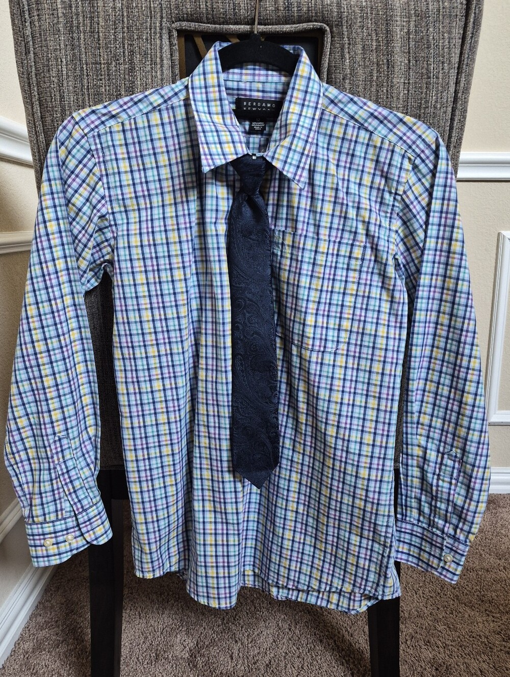Bergamo Boys' Multicolor Plaid Button-Down Shirt And Tie Set - Blue Accents
